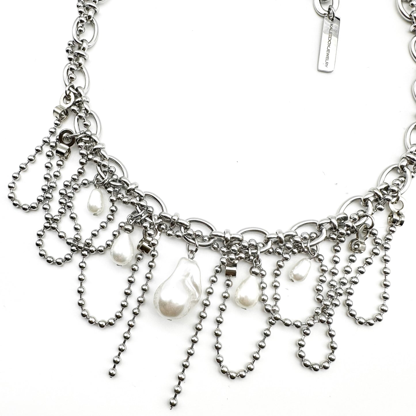 Pearl drop ball chain swirl necklace