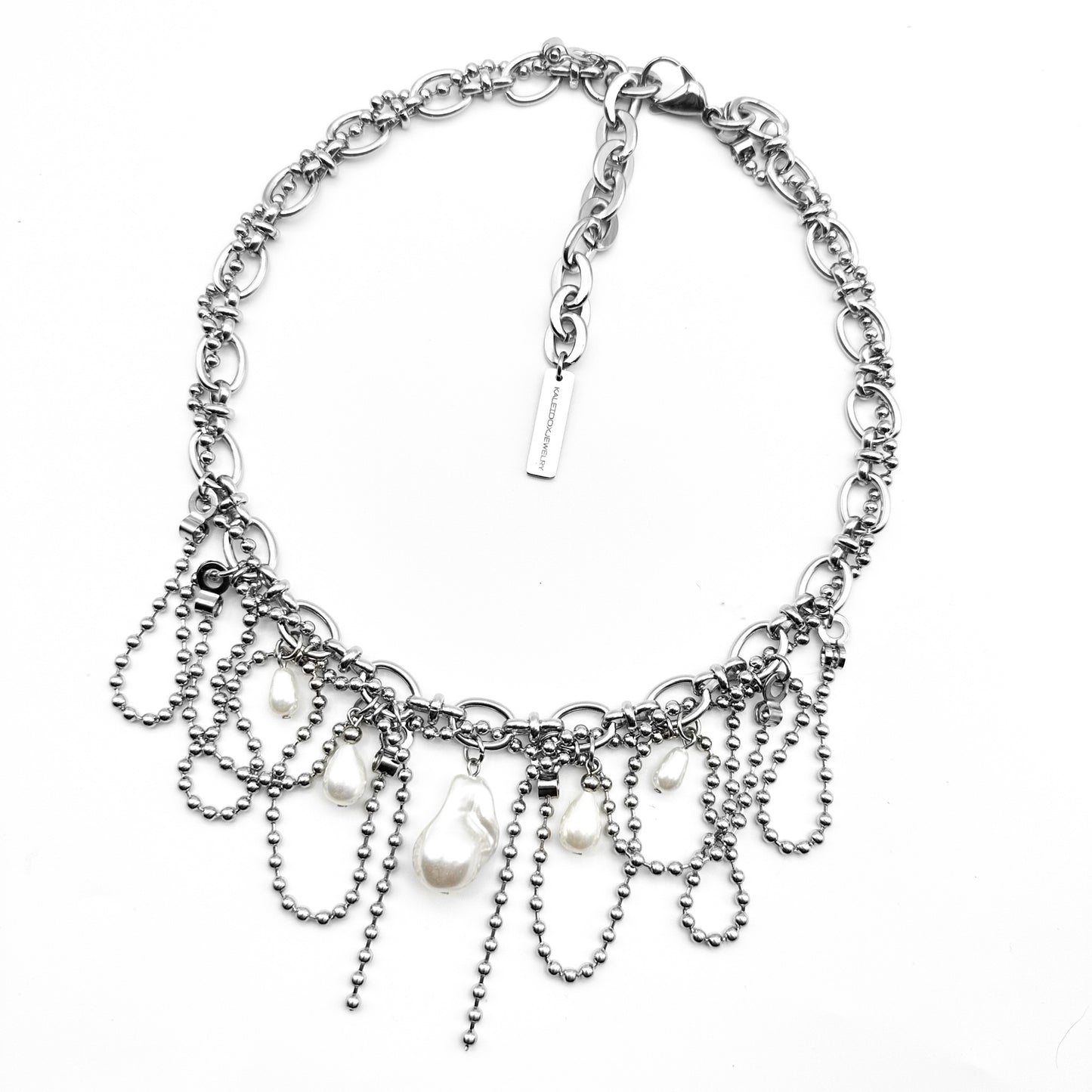 Pearl drop ball chain swirl necklace