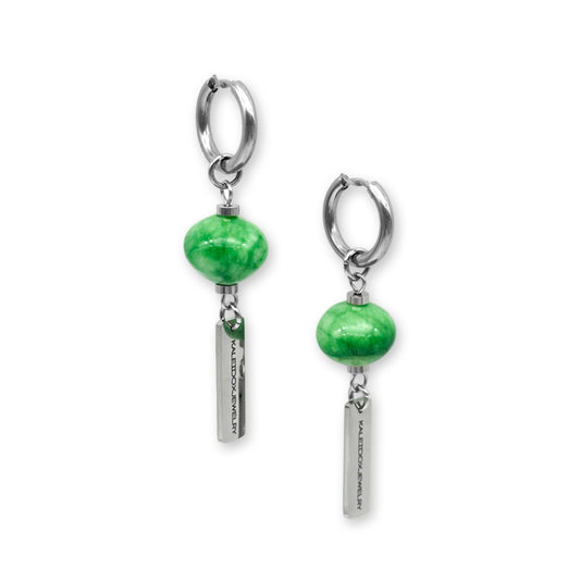 Green bead logo plate drop earrings