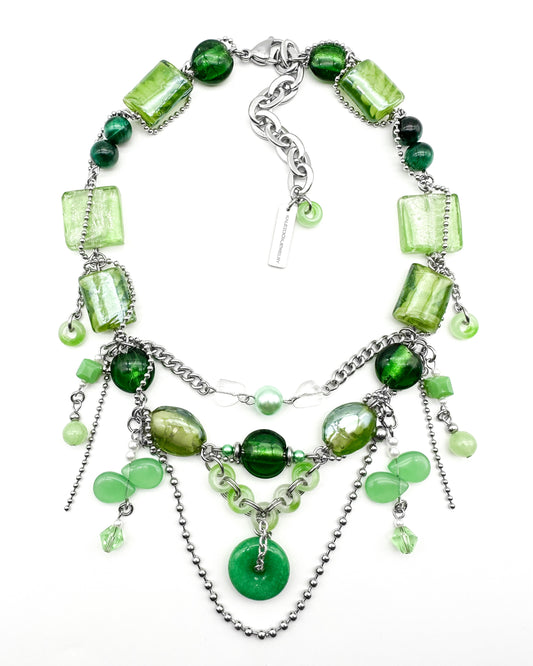 Jade & ball chain swirl green glass beads necklace