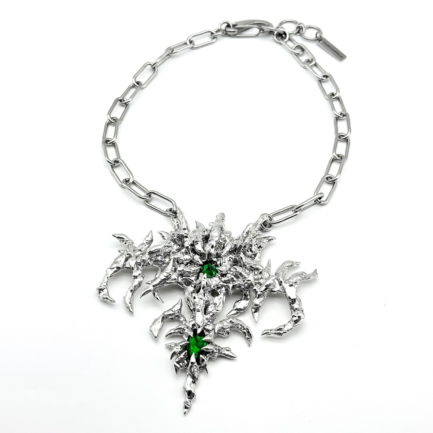 Soldered two green gem thorns necklace