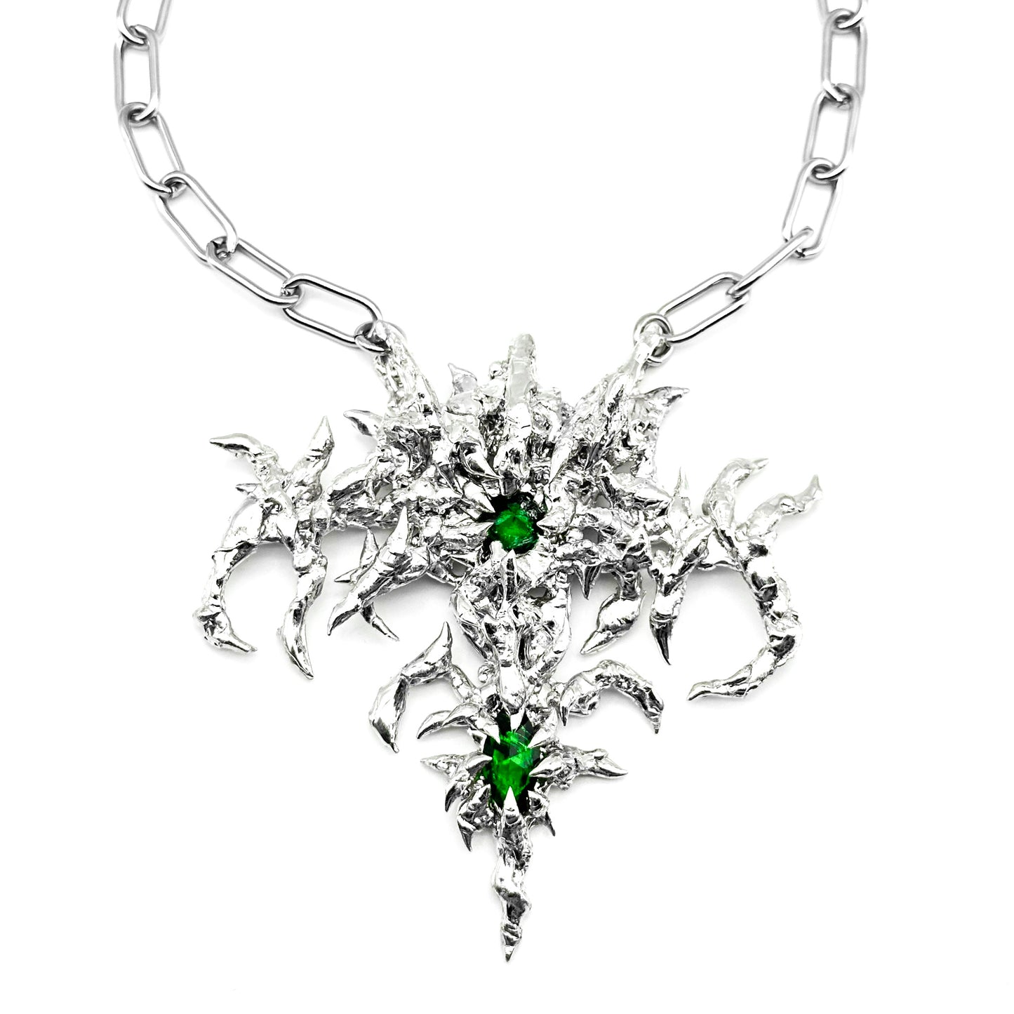 Soldered two green gem thorns necklace