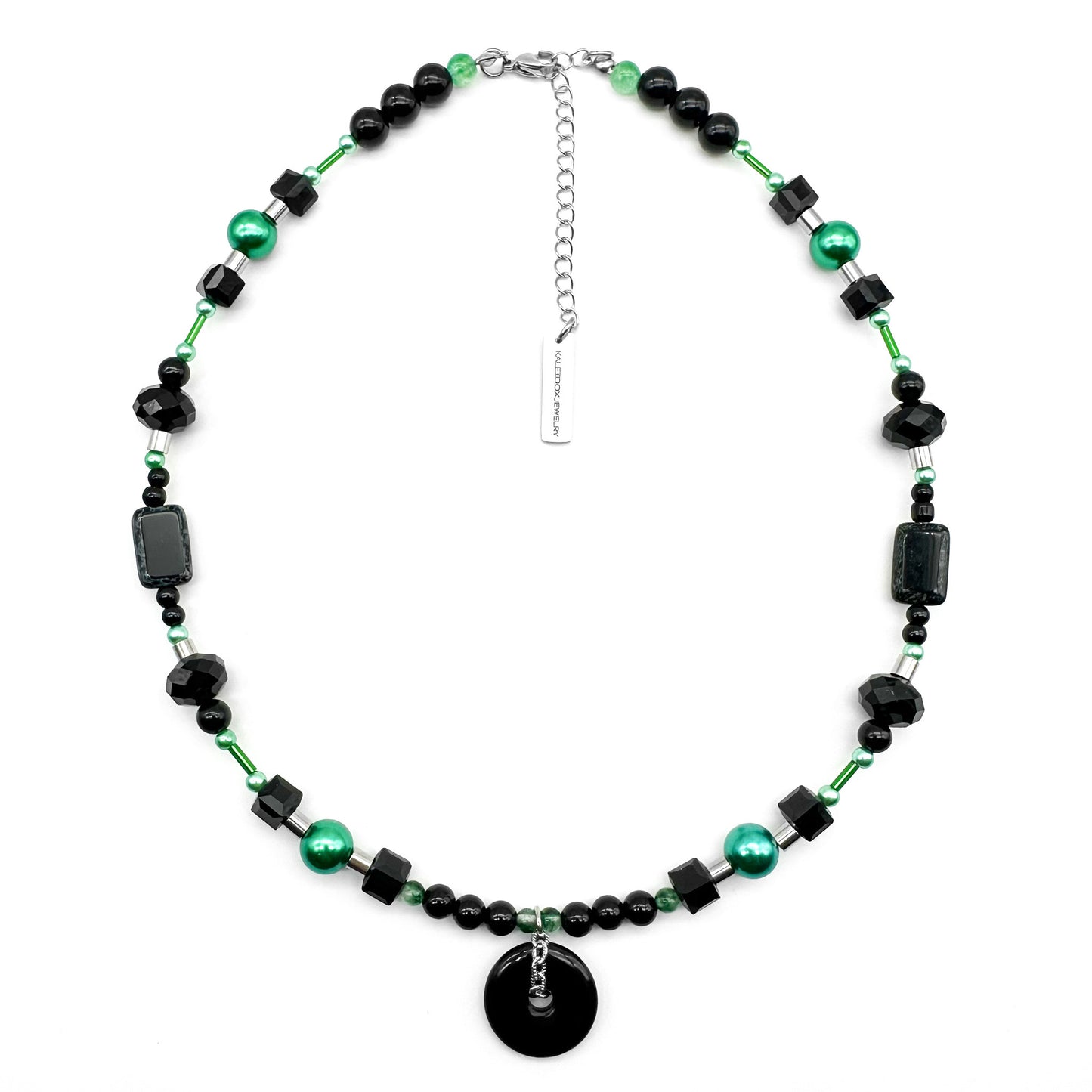 Black Jade pendant black and green beads mix necklace