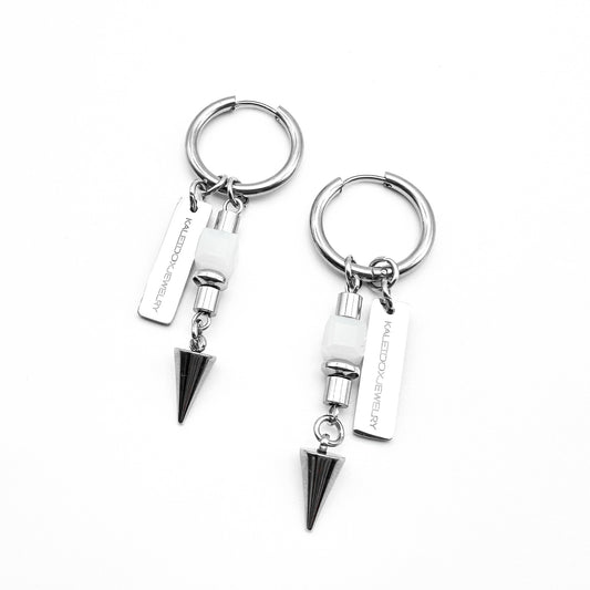 Logo white square beads & spikes earrings