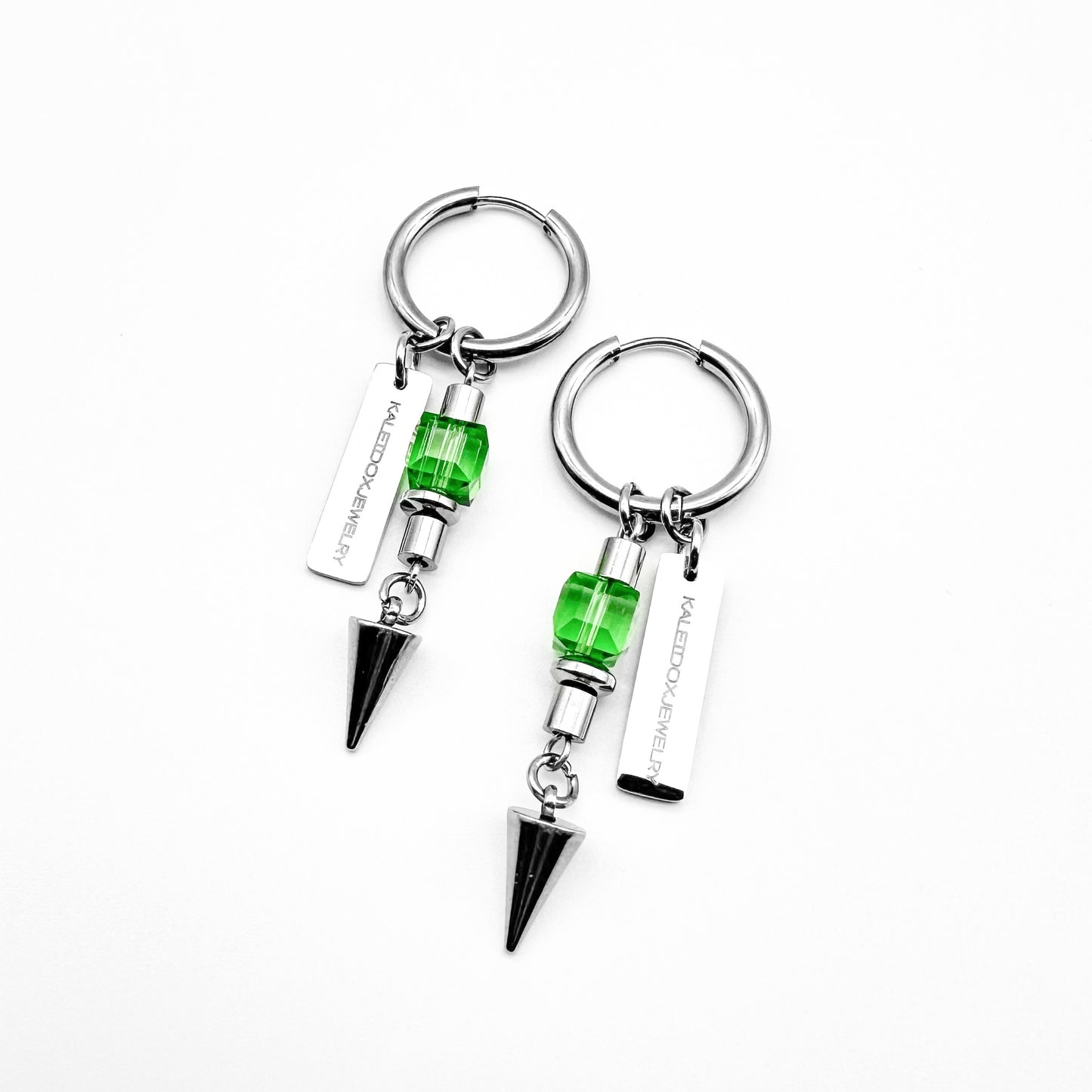 Logo green square beads & spikes earrings