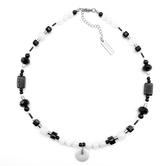 Little white jade pendant and black beads mix necklace