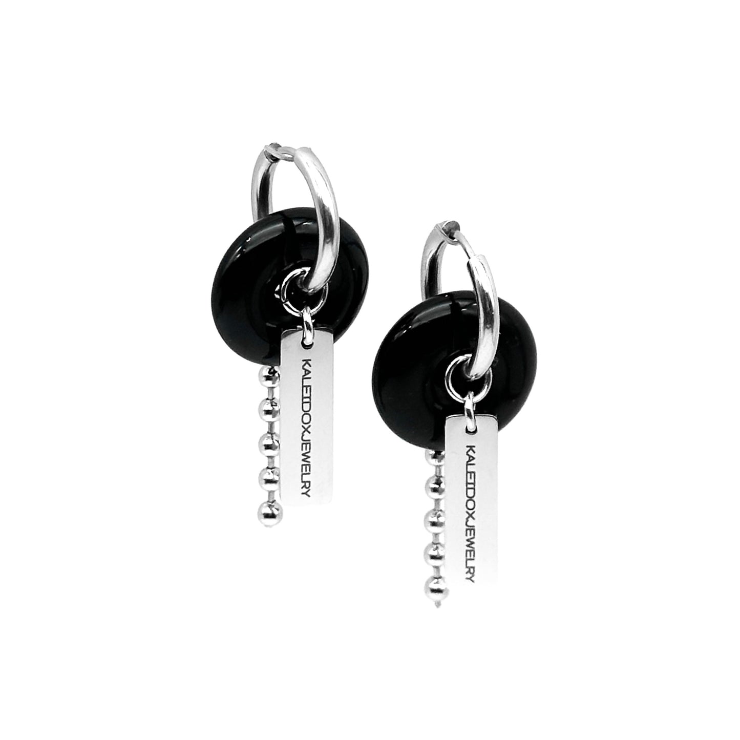 Black logo ball chain earrings